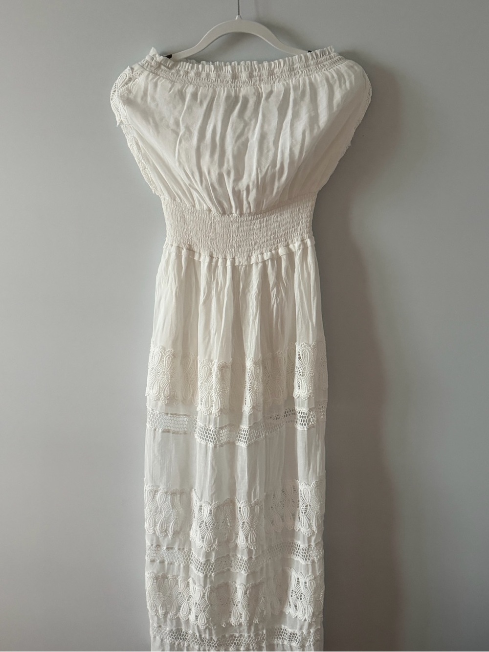 White Off-Shoulder Smocked Waist Maxi Dress